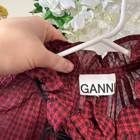 Ganni Red & Black Check Seersucker Tie Neck Shirt ♥️ - Picture 11 of 15